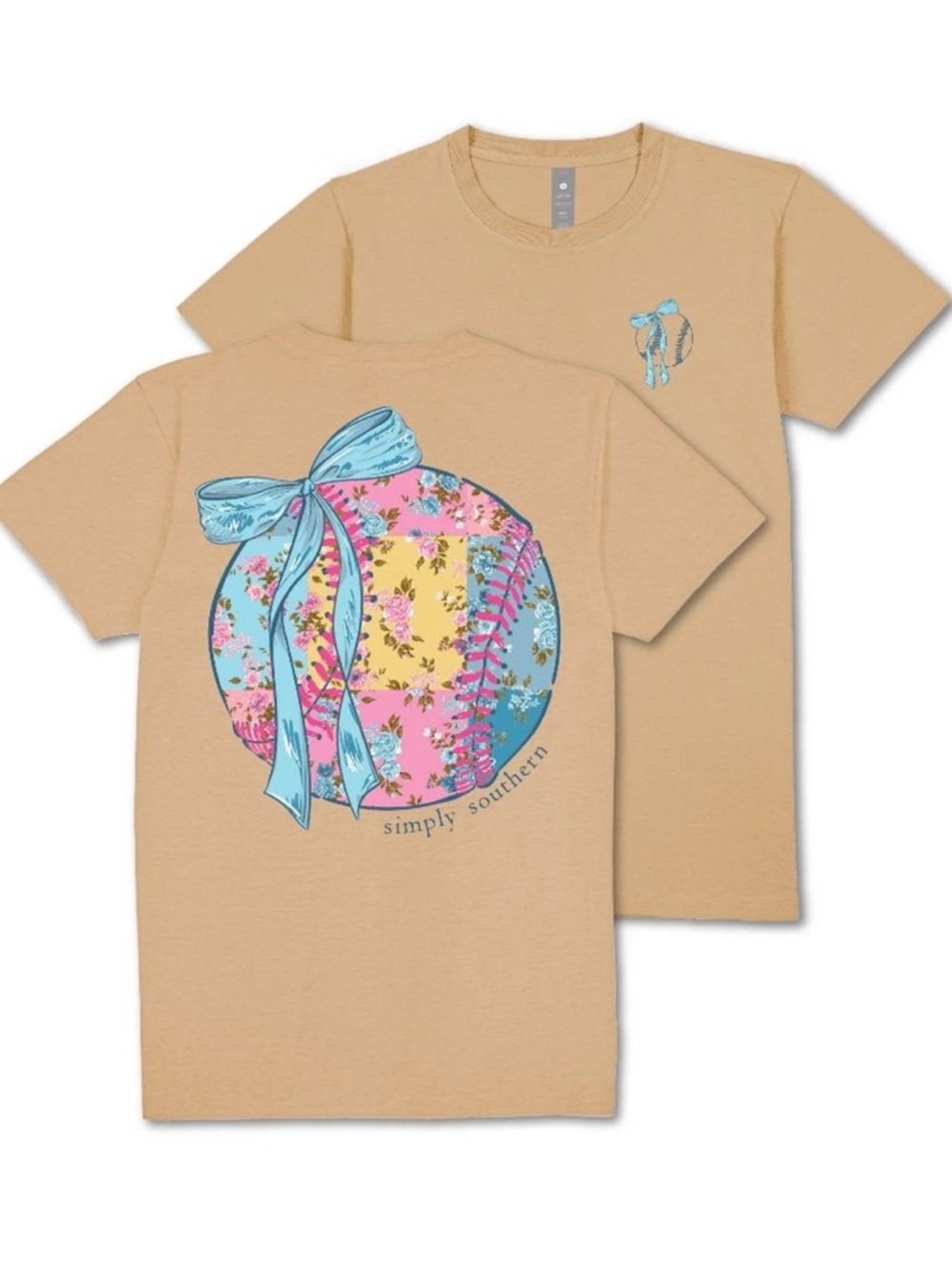Simply Southern NWT Tan Tee Pastel patchwork Floral baseball softball Blue Bow